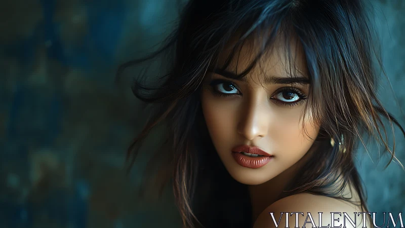 Close facial portrait of woman with teal blurred background.