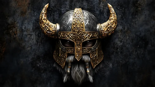 Golden horned warrior helm with watchful shadowed eyes.