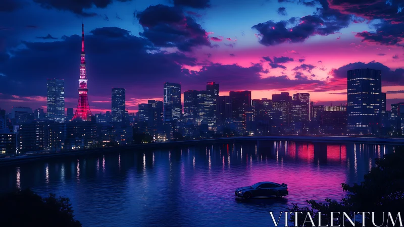 Neon dusk skyline with reflective river and silhouetted sports car.
