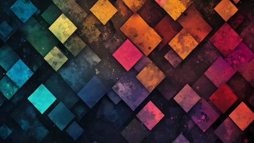 Geometric gradient squares on dark textured background.
