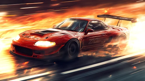3D motion-rendered red race car cutting through firestorm lanes.