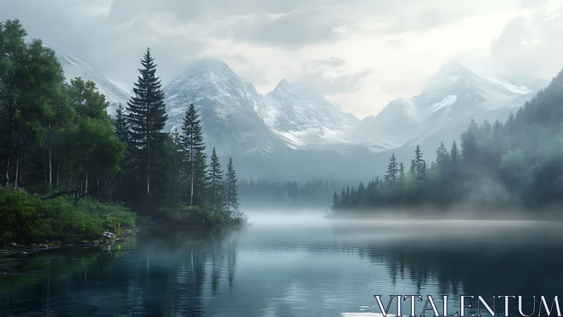 Silent mountain lake rests beneath misty snow capped peaks