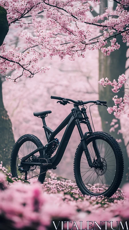 Black Mountain Bike Among Pink Cherry Blossoms.