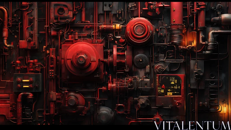 Cyberpunk industrial control wall with modular red machinery.
