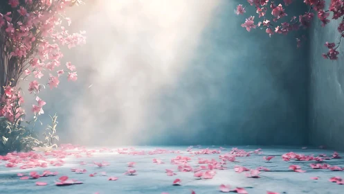 Pink Blossoms in Misty Turquoise Space.