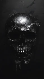 Burnished black skull emerges through fractured darkness.