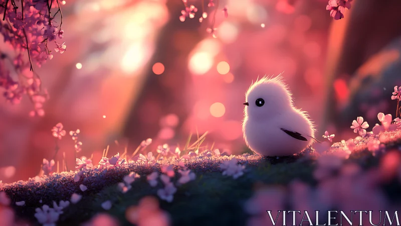 Fluffy white bird in pink blossom forest at sunset.