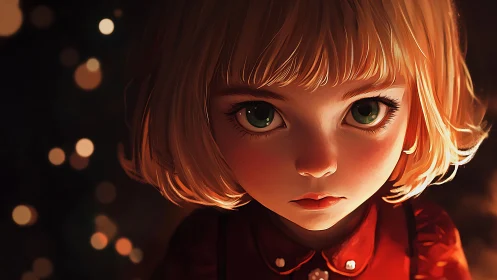 Young blonde child with green eyes stares into warm light