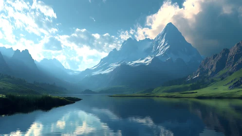 Sunlit alpine peaks mirrored in tranquil blue lakescape.