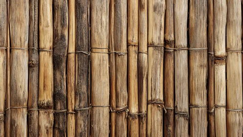 Vertical bamboo stalk wall shows weathered natural texture