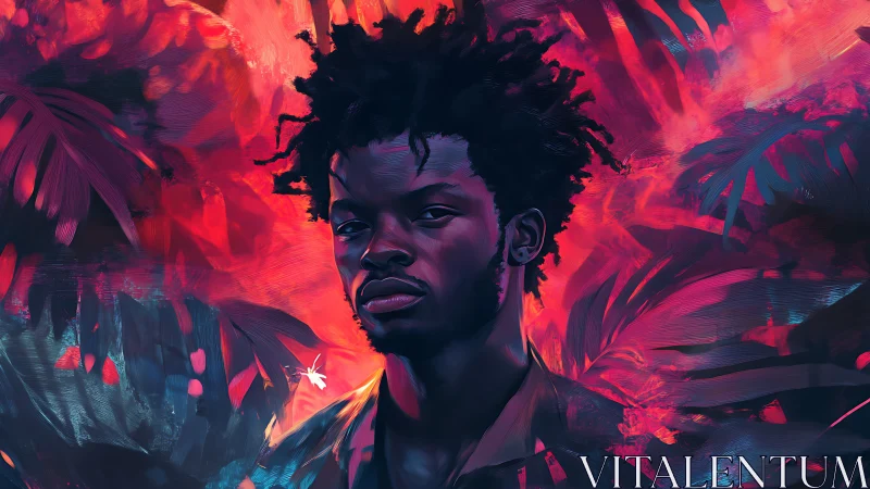 Portrait of a man amid neon jungle light radiates quiet power