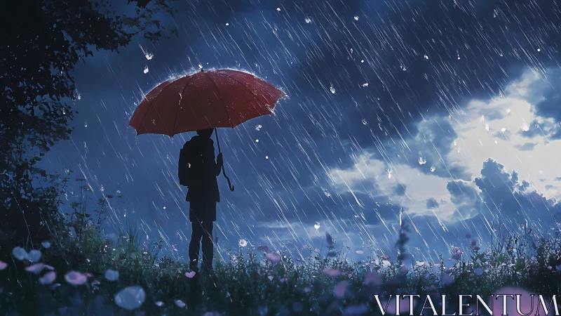 Silhouette with red umbrella stands alone in a stormy rain.