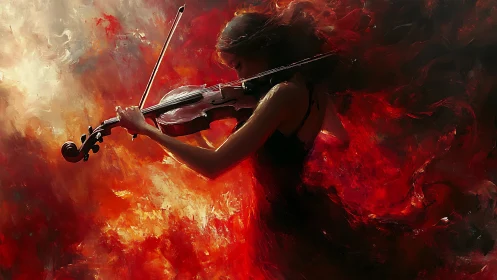 Violinist commands swirling red fire in abstract storm