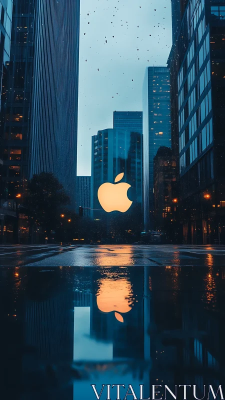 Glowing apple logo brings warm light to a rainy city street