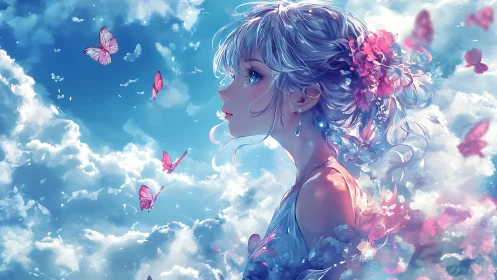 Anime sky maiden with pastel butterflies in luminous clouds.