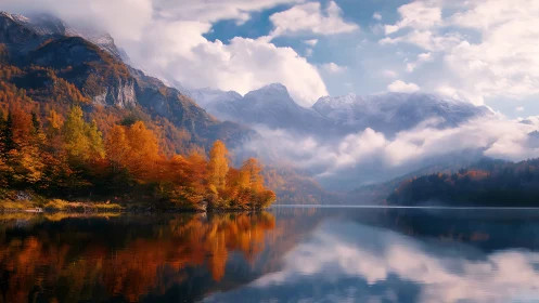 Autumn lake reflects misty mountains under soft morning light