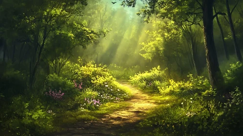 Enchanted Forest Path Glowing with Golden Sunlight