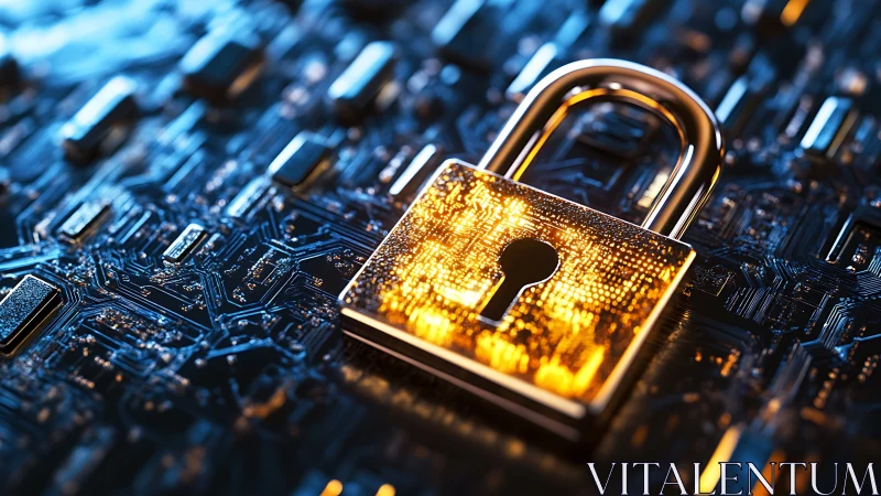 Golden security padlock shines atop dark digital circuitry.