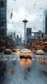 Rain-soaked urban street with tower and traffic at dusk.