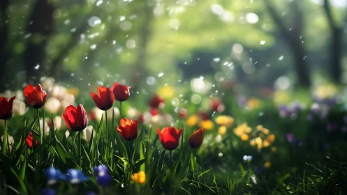 Red Tulips in Spring Garden with Bokeh.