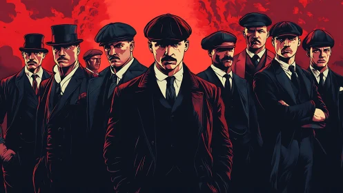 Gang of suited men rendered in high-contrast graphic vector style