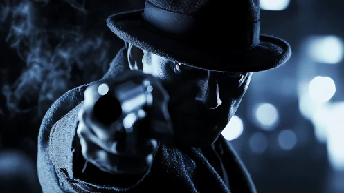 Midnight gunman emerges from neon haze in noir suspense.