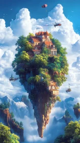 Skyborne cliff manor drifts above clouds in bright daylight.