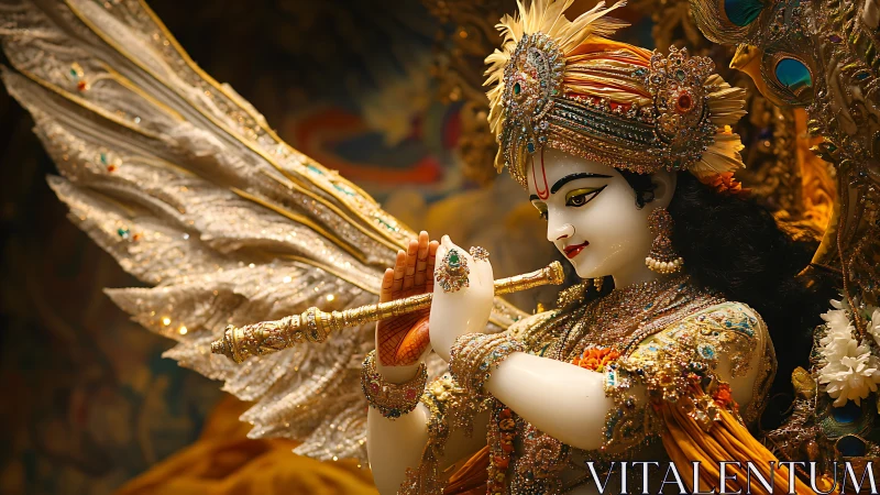 Photorealistic Krishna deity sculpture with jeweled flute focus.