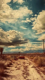 Dusty roadside daydream carries a lone car into cloud kingdoms