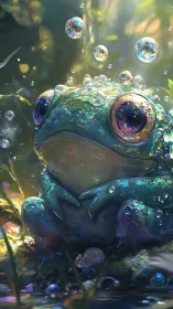 Iridescent frog among bubbles in soft forest light.