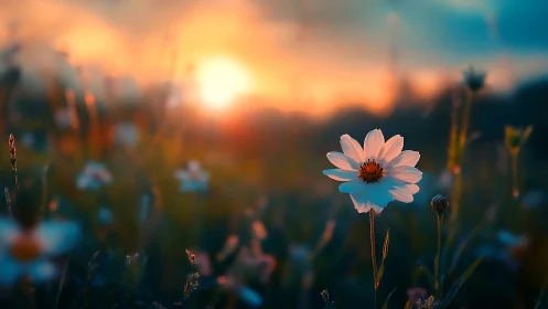 Pink daisy flower with warm sunset bokeh background and field depth.