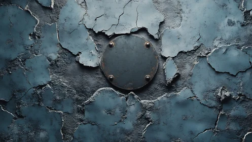 Round metal hatch set in cracked blue painted concrete wall