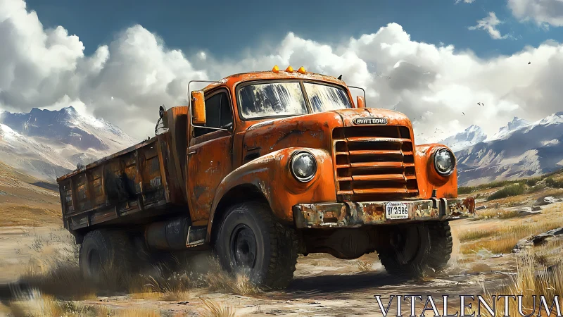 Old orange dump truck on rough dirt road in mountains.