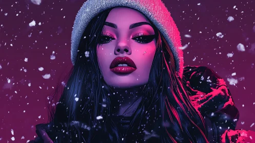 Winter portrait glows with neon magenta snowlight drama.