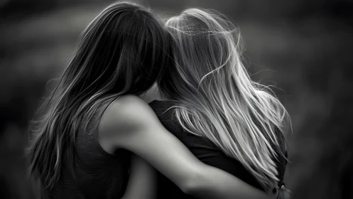 Two women embracing outdoors in black and white photography style.