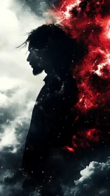 Silhouette in storm clouds with erupting red nebula firestorm.