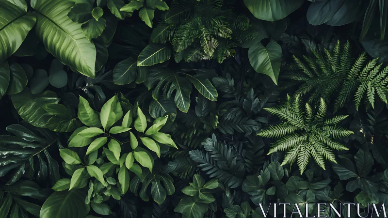 Dense overlapping tropical foliage in varied green tones.