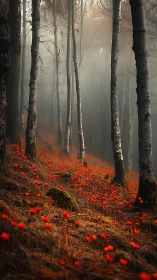 Misty Forest With Red Berries Covering Ground