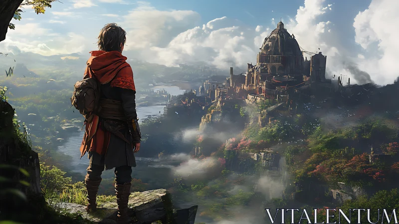 Young adventurer overlooking vast domed fantasy citadel.