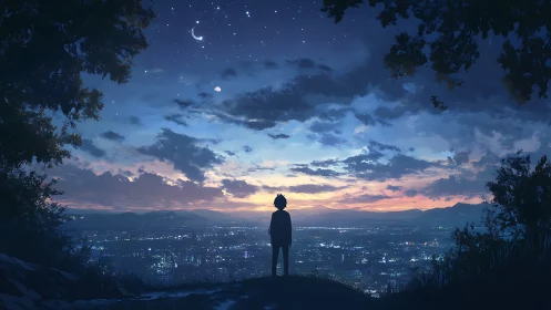 Silhouetted child overlooking twilight city under crescent sky