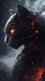 Infernal black cat stares into storm with molten ember eyes