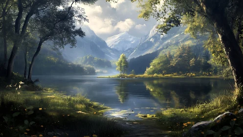 Mountain lake landscape with trees, island and reflections.