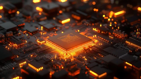 Glowing microchip on dark circuit board with bright orange LEDs.