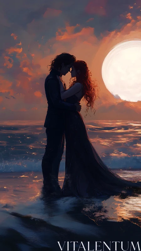Two figures embrace at shore as colossal sun dominates luminous seascape.