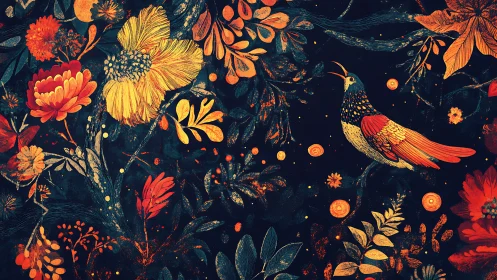 Colorful songbird amid dense orange floral foliage.