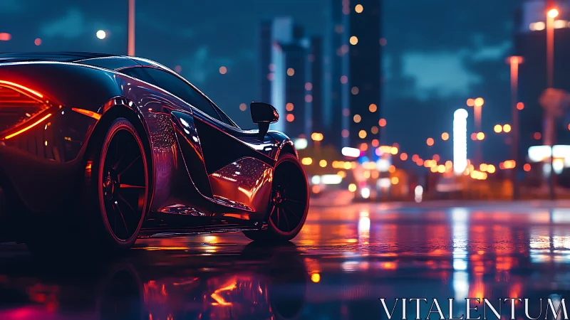Cyberpunk supercar on neon-soaked nocturnal city street.