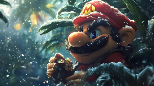 Heroic mustached explorer pushes through a snowy jungle