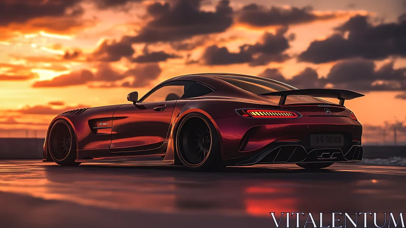 Sunset-bathed crimson supercar prowls the glowing horizon.