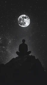 Silhouette of seated figure observing full moon in sky.