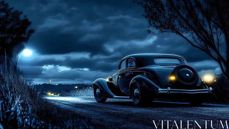 Vintage black car parked on rural road under moonlit sky.